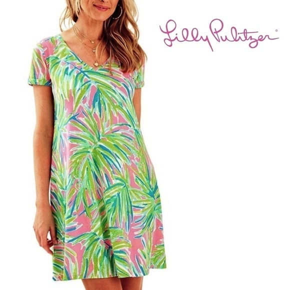 LILLY Pulitzer Dress Jessica Short Sleeve Tee Tiki Pink Royal Lime Bold Print - Picture 1 of 14